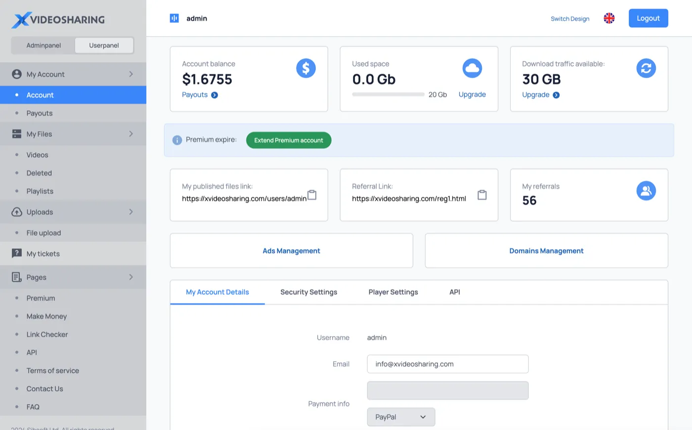 XVideoSharing user panel: account balance, storage, traffic and referral links