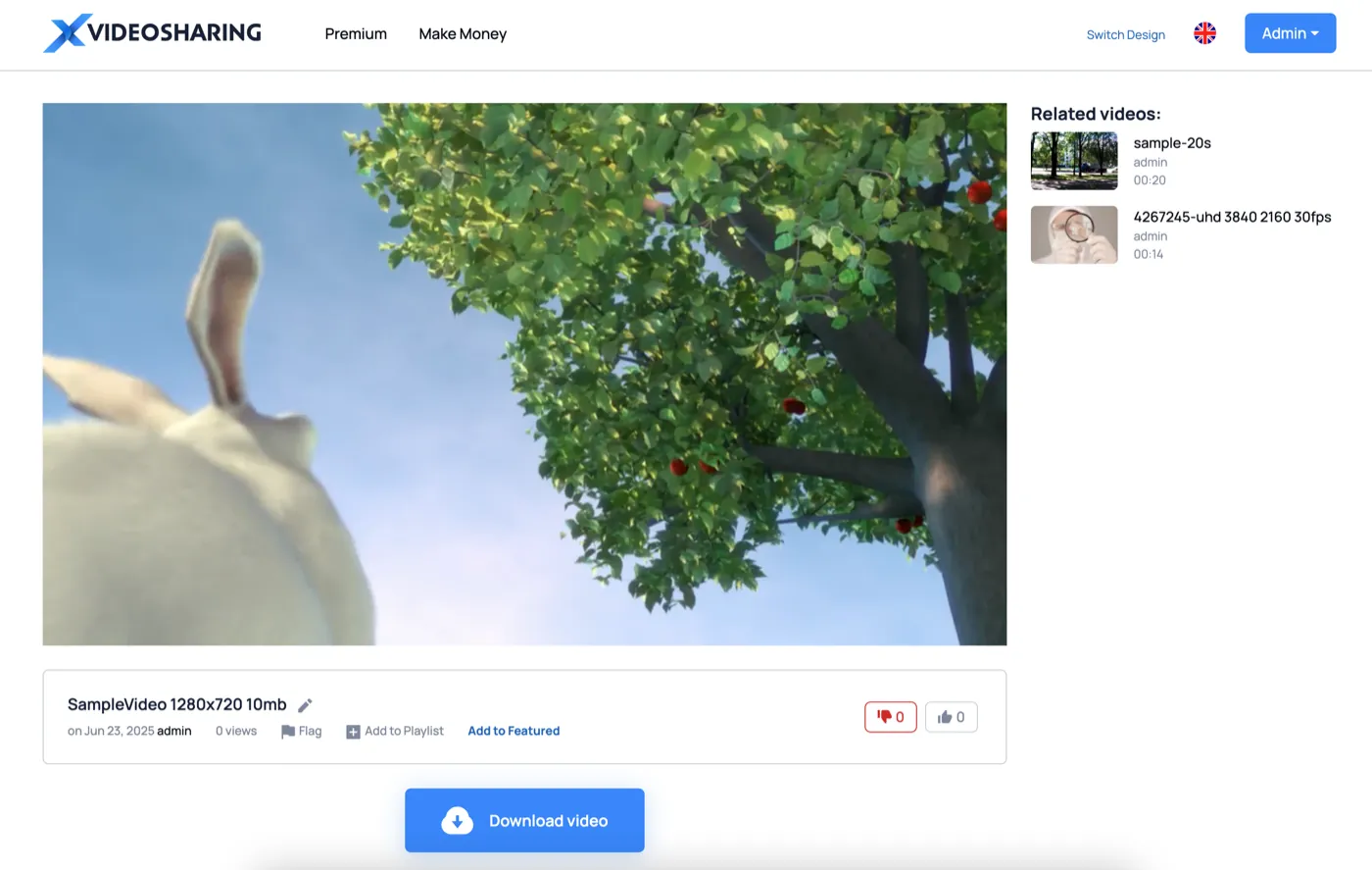 XVideoSharing video page with player, related videos and download button