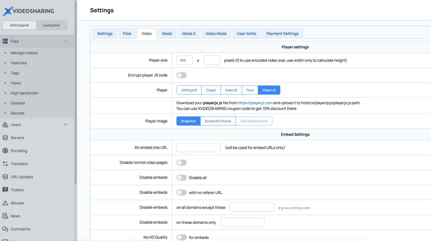 XVideoSharing admin panel: player and embed settings