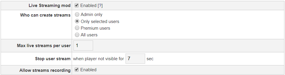 Live Streaming settings