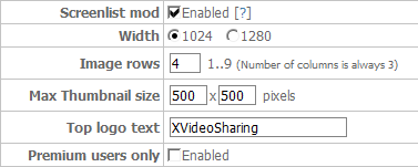 XVideoSharing Screenlist mod settings