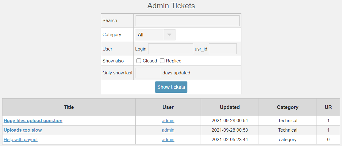 XVideoSharing Tickets mod: Admin page