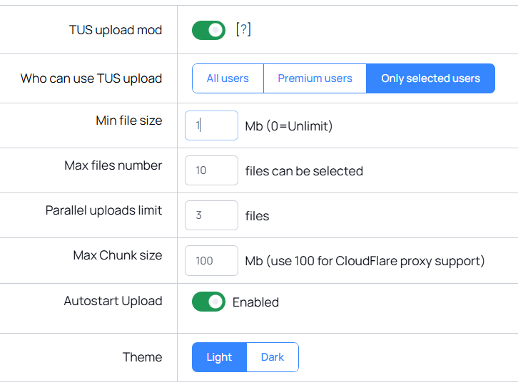 XVideoSharing Resumable Multiple Upload mod settings