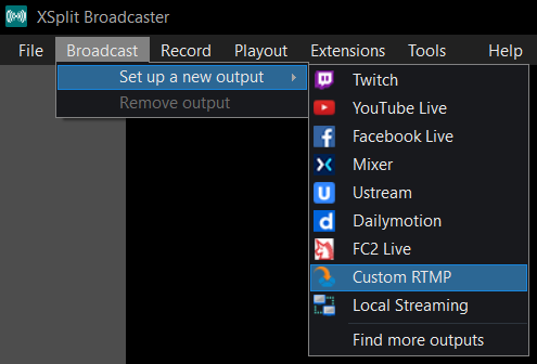 XSplit RTMP settings